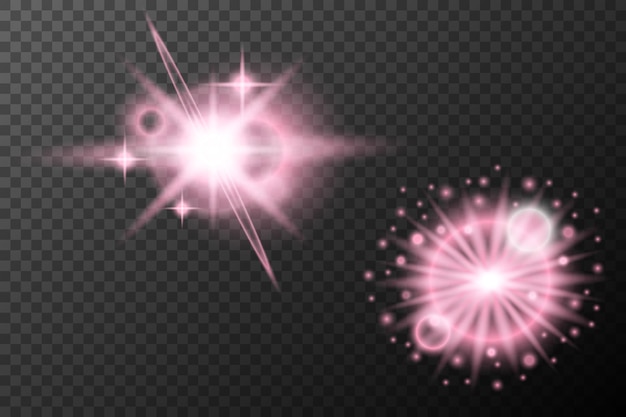 Efecto de luz establecida Explosión de llamarada aislada rosa Línea de polvo brillante Llamada solar Estrella chispa luz neón vacaciones elemento vectorial de festival