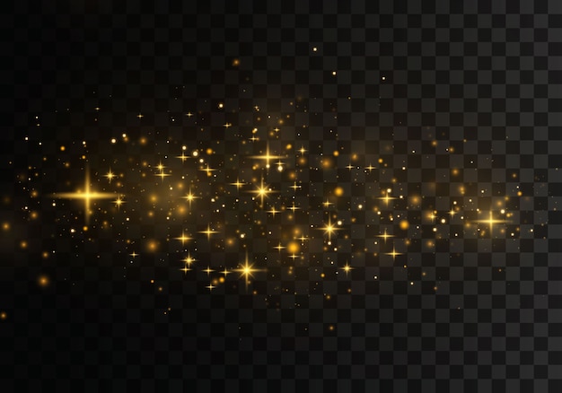 Efecto de luz con estilo abstracto de Navidad sobre un fondo transparente. Polvo amarillo, chispas amarillas y estrellas doradas brillan con una luz especial.