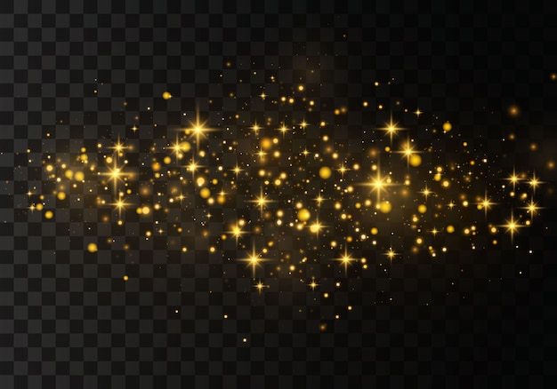 Efecto de luz con estilo abstracto sobre un fondo negro transparente. Polvo amarillo, chispas amarillas y estrellas doradas brillan con una luz especial. destellos Partículas de polvo mágicas chispeantes.
