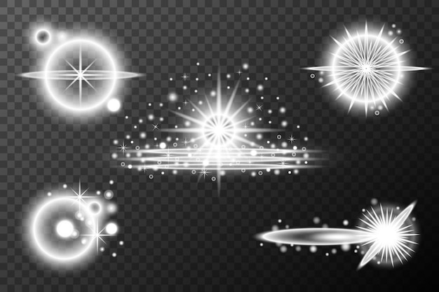 Efecto de luz explosión de llamarada aislada línea de polvo brillante llamarada solar chispa estrella efecto vectorial del conjunto de luz solar