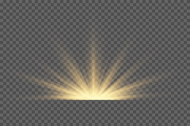 Efecto de luz de flash de lente especial de luz solar transparente de vector.Flash de lente de sol frontal. Vector borroso a la luz del resplandor. Elemento de decoración. Rayos estelares horizontales y reflector