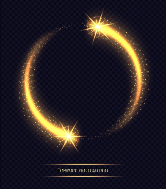 Efecto de luz mágica círculo dorado aislado. Polvo de estrellas luminiscente con bokeh brillante y destellos. Ilustración vectorial