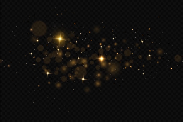 Efecto de luz navideña Partículas de polvo mágicas chispeantes El polvo chispea y las estrellas doradas brillan