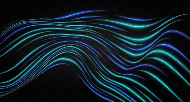 Vector efecto de luz de neón azul curvo aislado en fondo oscuro líneas onduladas fluidas y brillantes con diseño abstracto parche gráfico de luz reflejada flare de lente ilustración vectorial
