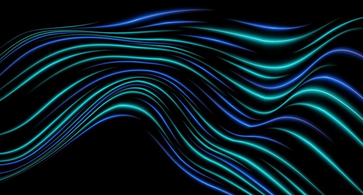 Vector efecto de luz de neón azul curvo aislado en fondo oscuro líneas onduladas fluidas y brillantes con diseño abstracto parche gráfico de luz reflejada flare de lente ilustración vectorial