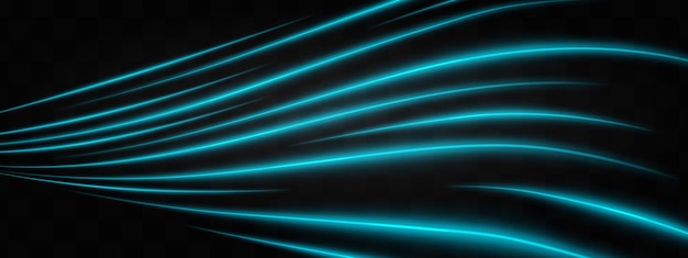 Efecto de luz de neón azul curvo aislado en un fondo oscuro Rutas de ondas de neón brillantes con destello de lente Parche gráfico de luz reflejada Rayos abstractos Ilustración vectorial