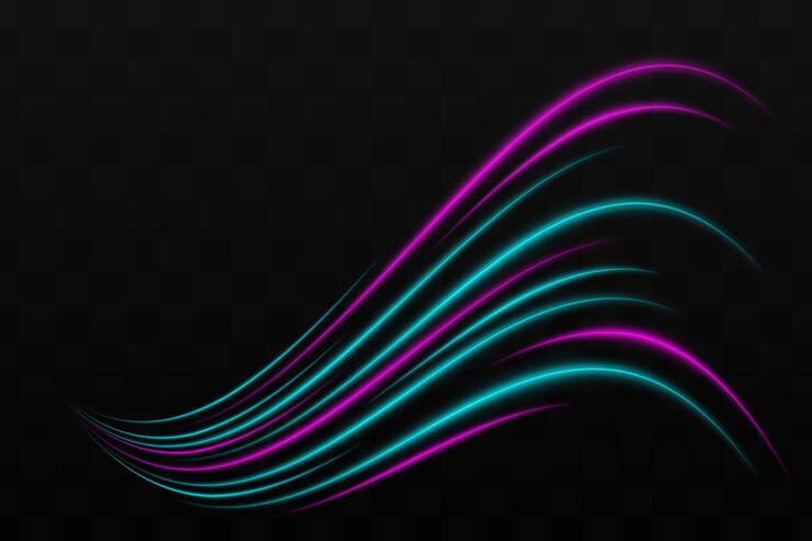 Vector efecto de luz de neón azul púrpura curvo aislado en un fondo oscuro rayas de neón brillantes brillantes con destello de la lente parche gráfico de luz reflejada rayos abstractos ilustración vectorial