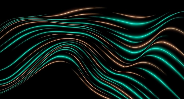 Efecto de luz de neón curvo naranja y verde aislado en un fondo oscuro Líneas onduladas fluidas y brillantes con diseño abstracto Parche gráfico de luz reflejada Flare de lente Ilustración vectorial