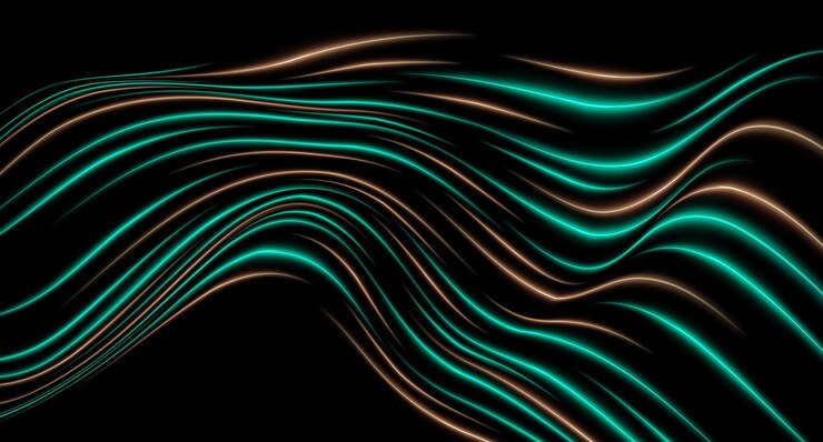 Vector efecto de luz de neón curvo naranja y verde aislado en un fondo oscuro líneas onduladas fluidas y brillantes con diseño abstracto parche gráfico de luz reflejada flare de lente ilustración vectorial