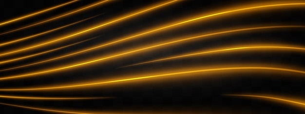 Efecto de luz de neón dorado curvo aislado en un fondo oscuro Rayas de onda de neón brillantes brillantes con destello de la lente Parche gráfico de luz reflejada Rayos abstractos Ilustración vectorial