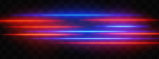 Efecto de luz de neón rojo y azul horizontal aislado en un fondo oscuro Rayas de neón brillantes brillantes con destello de la lente Parche gráfico de luz reflejada Rayos abstractos Ilustración vectorial