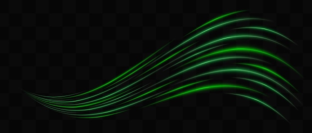 Efecto de luz de neón verde curvo aislado en un fondo oscuro Líneas onduladas fluidas y brillantes con diseño abstracto Parche gráfico de luz reflejada Flare de lente Ilustración vectorial