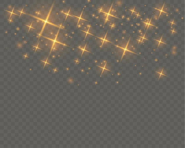 Efecto de luz de polvo dorado con bokeh y confeti brillante en un fondo transparente