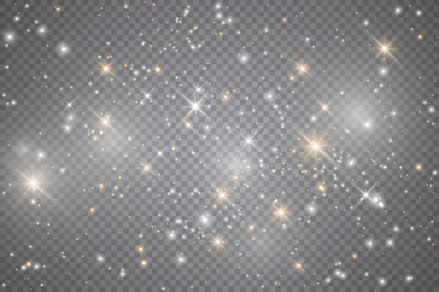 Efecto de luz resplandor estrellas. Destellos sobre fondo transparente. Partículas de polvo mágico espumoso