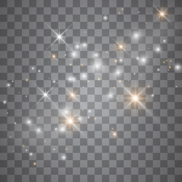 Efecto de luz resplandor estrellas. destellos sobre fondo transparente. patrón abstracto de navidad. brillantes partículas de polvo mágico.