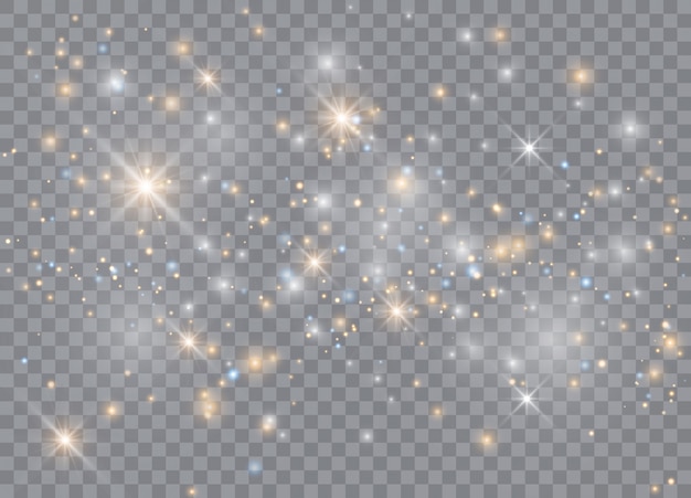 Efecto de luz resplandor estrellas. Destellos sobre fondo transparente. Patrón abstracto de navidad. Brillantes partículas de polvo mágico.