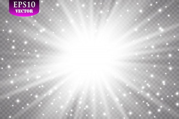 Efecto de luz resplandor. Starburst con destellos sobre fondo transparente. ilustración. Sol, EPS 10