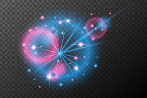 Efecto de luz rosa azul explosión de llamarada aislada línea de polvo brillante llamarada solar chispa estrella efecto vector de luz de neón