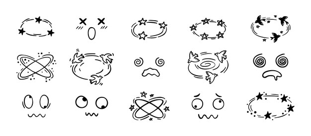Efecto de mareo dibujo dibujado a mano dibujado dibujos animados conjunto de caras mareadas pájaros y estrellas emociones superiores