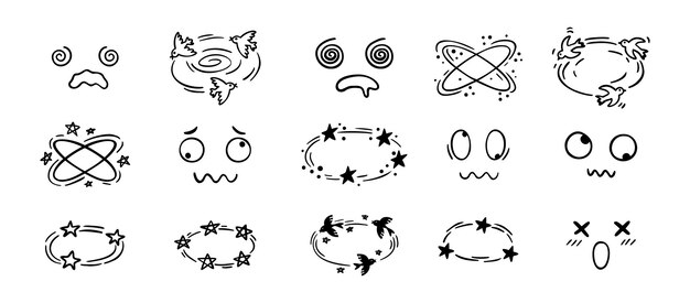 Efecto de mareo dibujo dibujado a mano dibujado dibujos animados conjunto de caras mareadas pájaros y estrellas emociones superiores