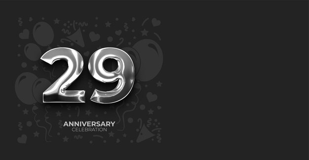 Efecto metálico plateado Aniversario de 29 años o Banner vectorial de cumpleaños con espacio de copia personalizable