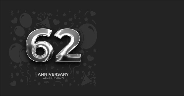 Efecto metálico plateado Aniversario de 62 años o Banner vectorial de cumpleaños con espacio de copia personalizable