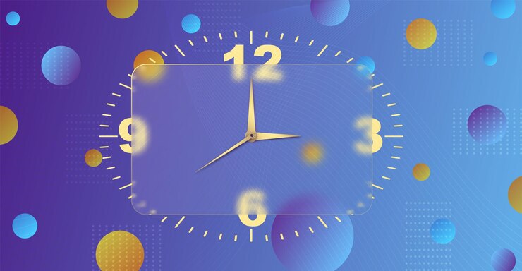 Vector efecto de morfismo de vidrio de reloj temporizador de rectángulo de estilo 3d esfera de reloj de oro y manecillas sobre fondo azul violeta para el diseño de aplicaciones móviles icono de negocio indicación de concepto moderno de tiempo vector