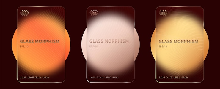Vector efecto de morfismo de vidrio tarjetas bancarias acrílicas esmeriladas transparentes círculos degradados de color amarillo anaranjado sobre fondo marrón oscuro forma de plexiglás mate de morfismo de vidrio realista vector