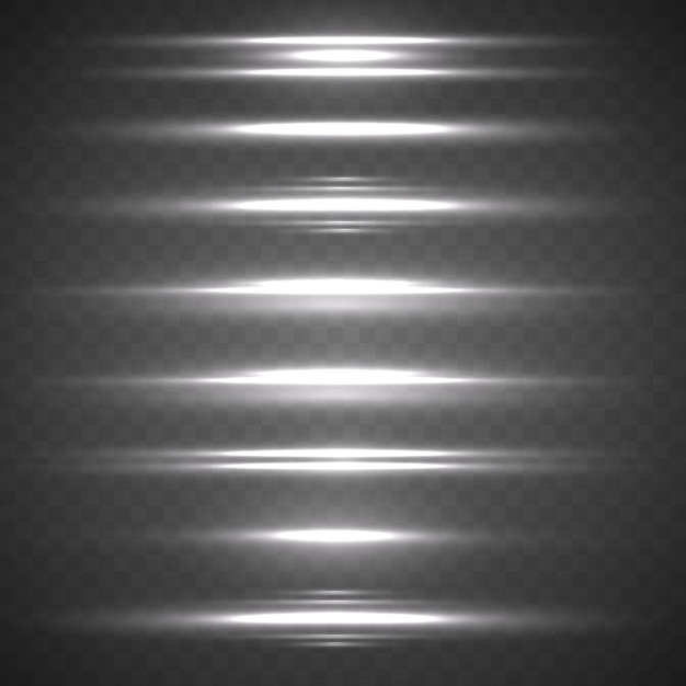 Efecto de movimiento Líneas rápidas en movimiento Línea de velocidad Rayos láser Rayos de luz blancos horizontales Destello de resplandor Vector