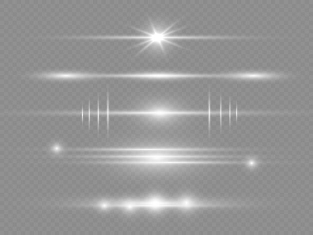 Efecto de movimiento Líneas rápidas en movimiento Línea de velocidad Rayos láser Rayos de luz blancos horizontales Destello de resplandor Vector