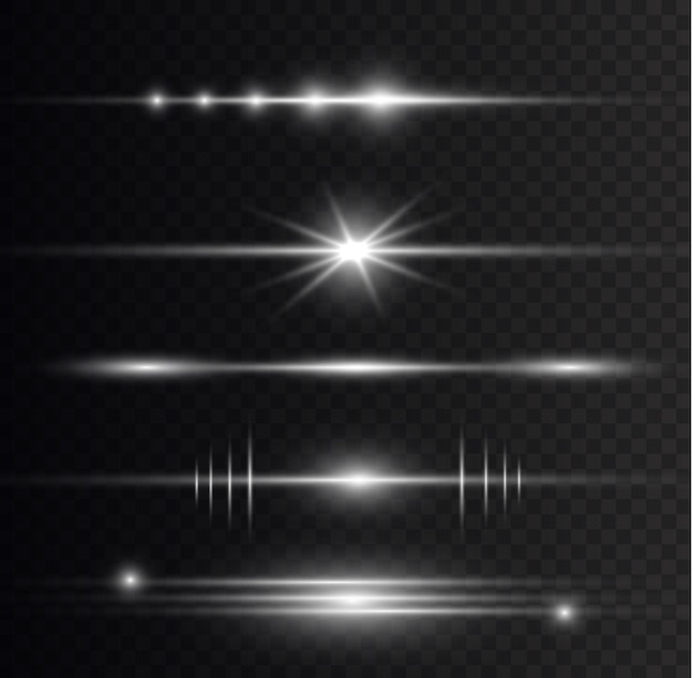 Efecto de movimiento Líneas rápidas en movimiento Línea de velocidad Rayos láser Rayos de luz blancos horizontales Destello de resplandor Vector