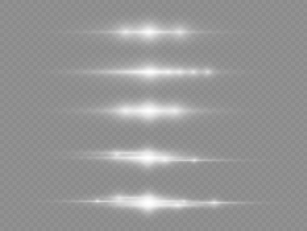 Efecto de movimiento Líneas rápidas en movimiento Línea de velocidad Rayos láser Rayos de luz blancos horizontales Destello de resplandor Vector
