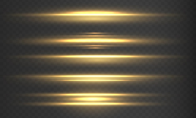 Efecto de movimiento Líneas rápidas en movimiento Línea de velocidad Rayos láser Rayos de luz dorados horizontales Llamarada brillante Vector