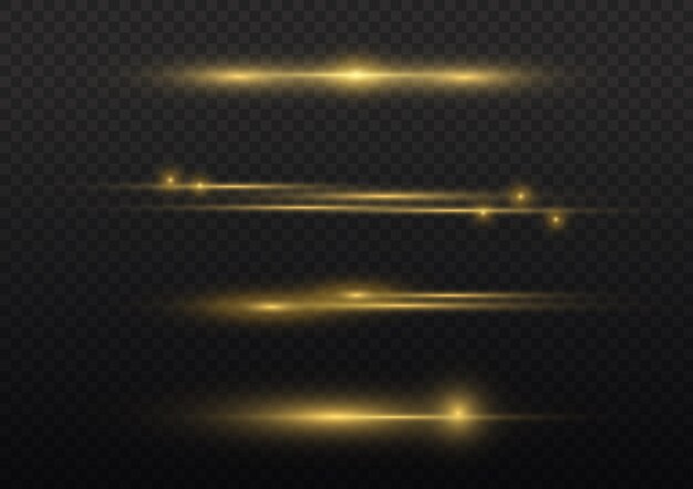 Efecto de movimiento Líneas rápidas en movimiento Línea de velocidad Rayos láser Rayos de luz dorados horizontales Llamarada brillante Vector