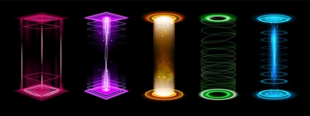 Efecto de nivel de arriba Portal azul tecnología de brillo de neón futurista teleporte haz de poder escenario de juego con vórtice Portal vertical podio anillo de energía con rayos azules 3D tecnología vector aislado conjunto
