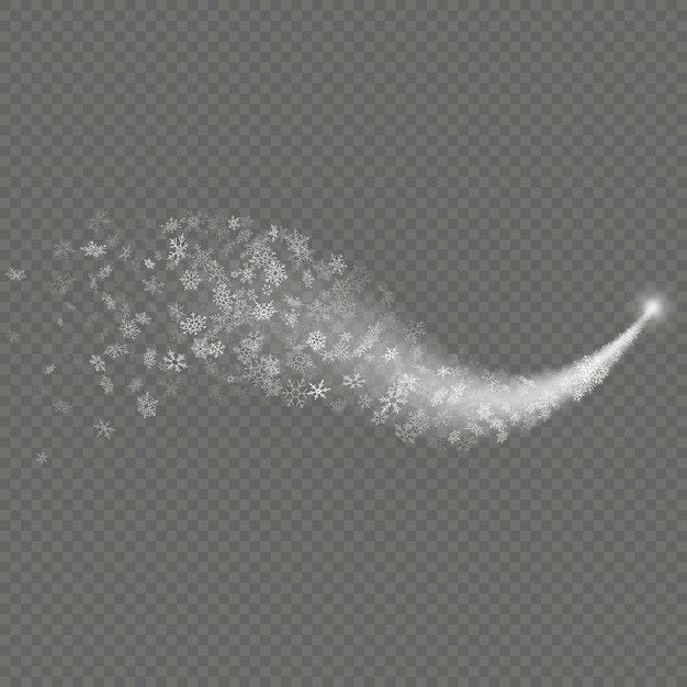 Vector efecto de rastro de luz estrellas estalla con copos de nieve aislados sobre fondo transparente. brillante corriente de nieve helada.