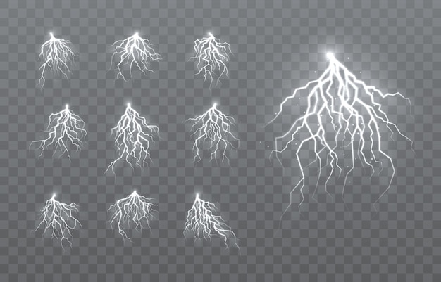 El efecto del rayo y la iluminación, conjunto de cremalleras, tormenta y relámpago,