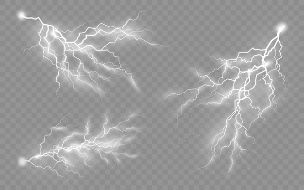 El efecto del rayo y la iluminación, conjunto de cremalleras, tormentas y relámpagos, símbolo de fuerza natural o magia, luz y brillo, resumen, electricidad y explosión, ilustración vectorial, eps 10