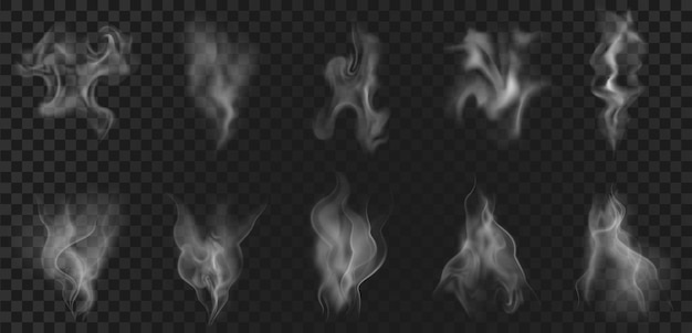 Efecto realista de vapor de café caliente, vapor de comida o humo. Ondas de aroma abstracto, vapor de té, remolinos de niebla, flujo de niebla y elementos de neblina conjunto de vectores. Vapores de bebidas o platos, narguiles o cigarrillos