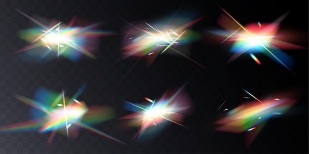 Efecto de reflexión de la luz del arco iris de cristal Lentes iridescentes claras y coloridas.