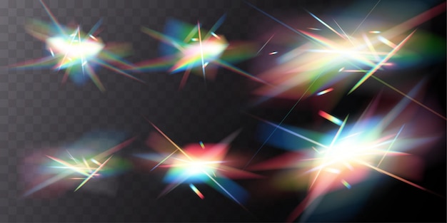 Efecto de reflexión de la luz del arco iris de cristal Lentes iridescentes claras y coloridas.