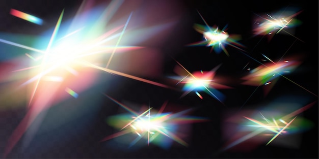 Efecto de reflexión de la luz del arco iris de cristal Lentes iridescentes claras y coloridas.
