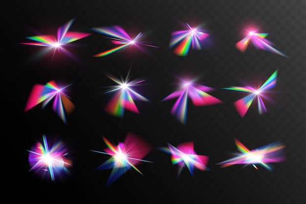 Efecto de reflexión de la luz del arco iris de cristal Lentes iridescentes claras y coloridas.