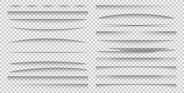 Efecto de superposición de sombras. La maqueta del divisor de papel de diferentes formas realistas establece carteles o sombras de banner publicitario, separación de la colección de vectores de plantilla de marco de hojas aislada sobre fondo transparente