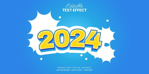 Vector efecto de texto 2024 brillante y alegre con un fondo azul