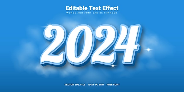 Efecto de texto 2024 con un fondo nublado y un fondo azul del cielo