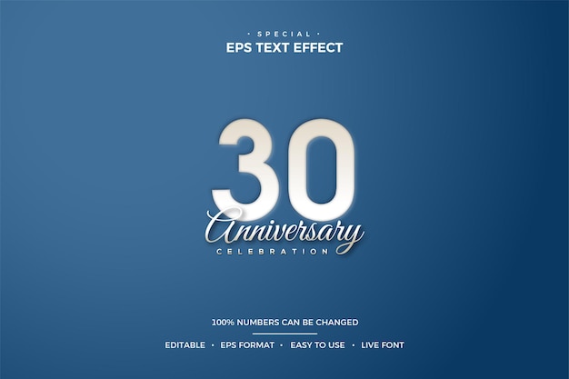 Efecto de texto del 30 aniversario con números 3D blancos limpios