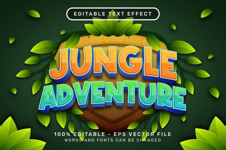 Vector efecto de texto 3d de aventura en la jungla y efecto de texto editable con ilustración de escudo y hoja