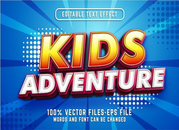 Efecto de texto 3d de aventura para niños. efecto de texto editable con vectores premium de estilo de dibujos animados