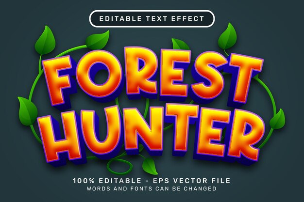 efecto de texto 3d de cazador de bosque y efecto de texto editable con ilustración de escudo y hoja